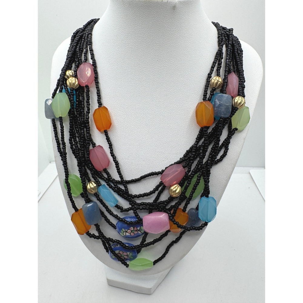 Vintage Multi Strand Black Seed Bead Necklace Colorful Acrylic Floral Porcelain